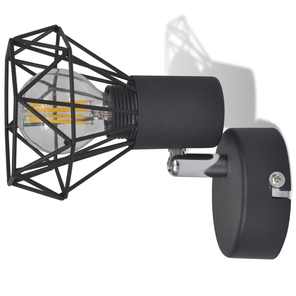 2 Black Industrial Style Wire Frame Wall Sconce With Led Filament Bulb