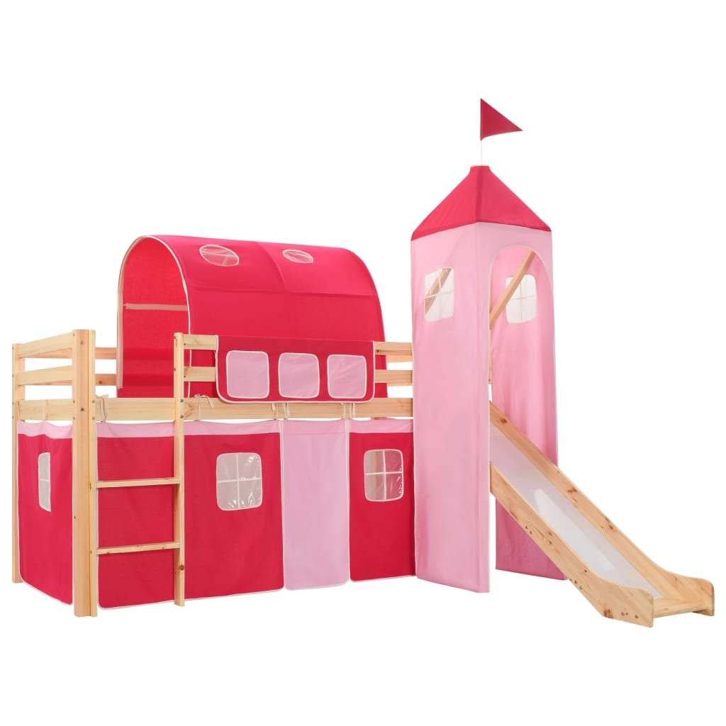 Children's Loft Bed Frame With Slide & Ladder Pinewood 208X230Cm