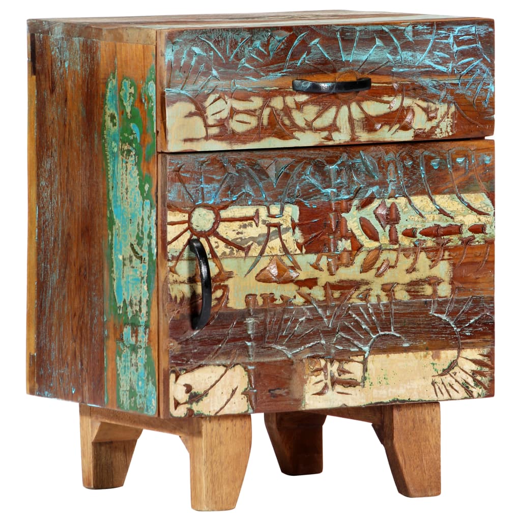 Hand Carved Bedside Cabinet 40X30X50 Cm Solid Reclaimed Wood