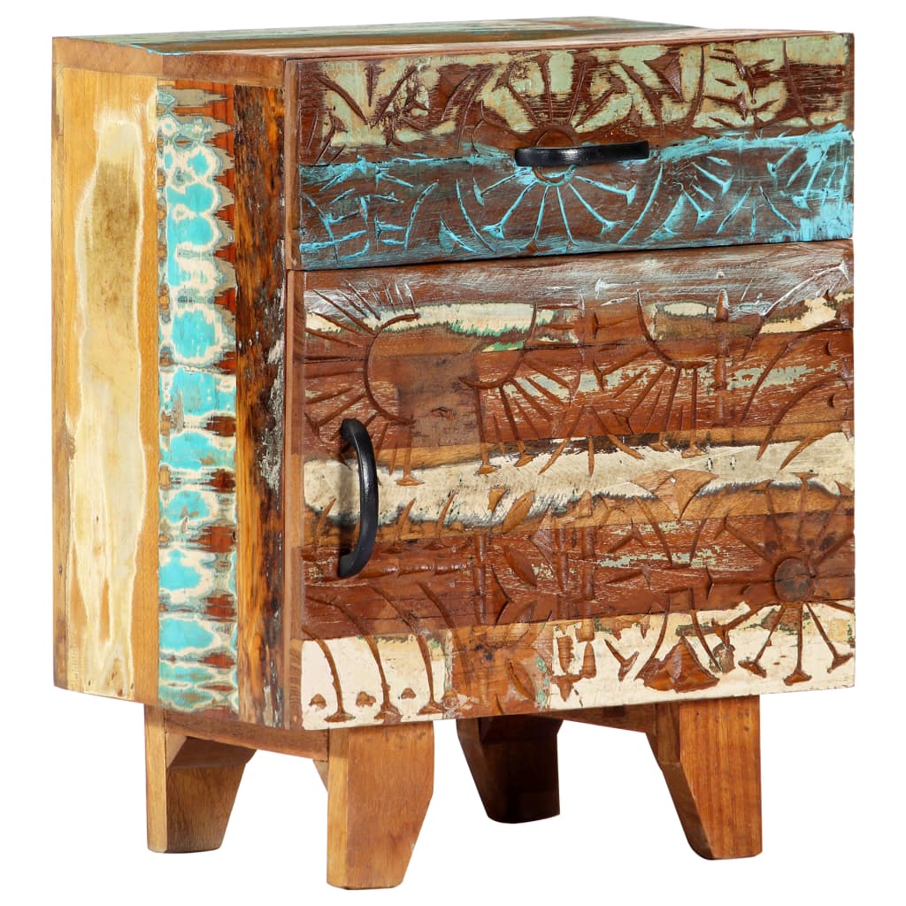Hand Carved Bedside Cabinet 40X30X50 Cm Solid Reclaimed Wood