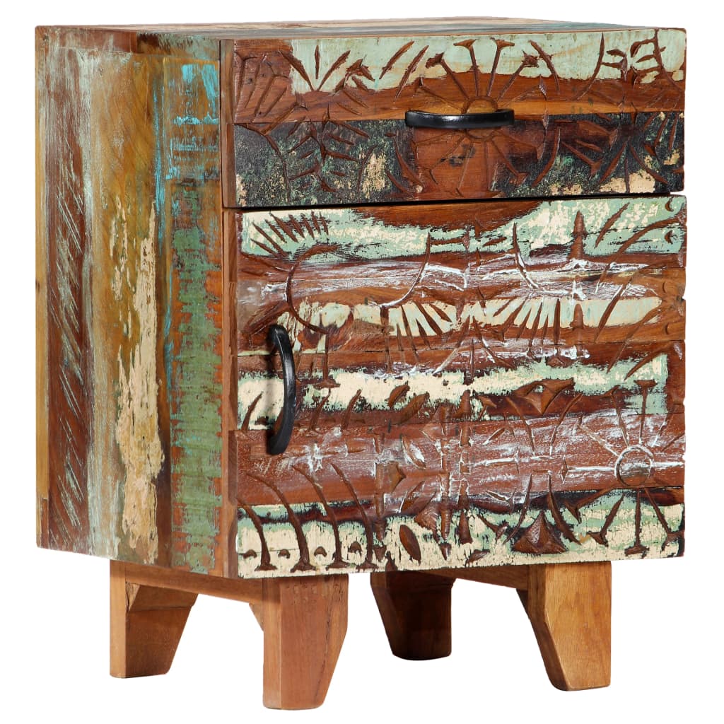 Hand Carved Bedside Cabinet 40X30X50 Cm Solid Reclaimed Wood