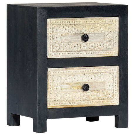 Hand Carved Bedside Cabinet Grey 40X30X50 Cm Solid Mango Wood