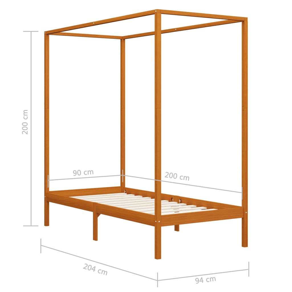 Canopy Bed Frame without Mattress Honey Brown Solid Wood 90x200cm