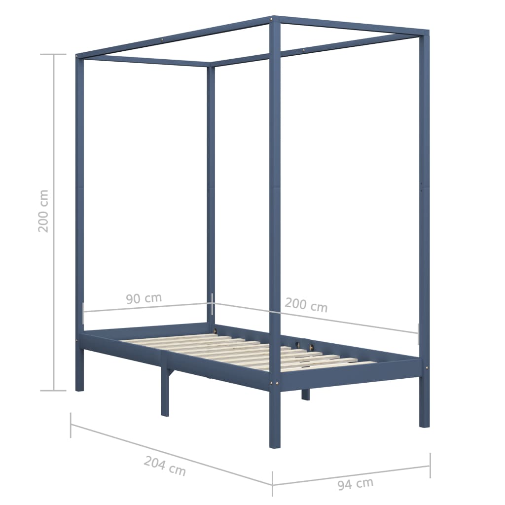 Canopy Bed Frame without Mattress Grey Solid Wood 90x200 cm