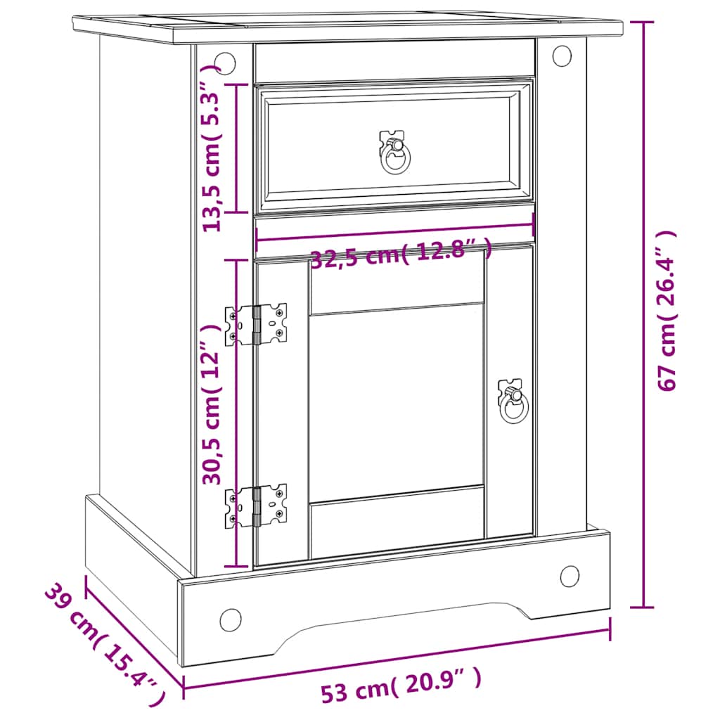 Bedside Cabinet Mexican Pine Corona Range 53X39X67 Cm
