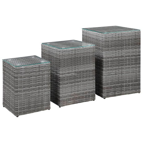 Side Tables 3 Pcs With Glass Top Poly Rattan