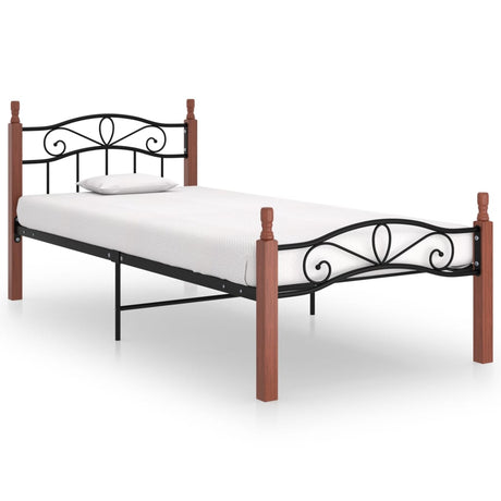 Bed Frame Without Mattress Black Metal&Solid Oak Wood