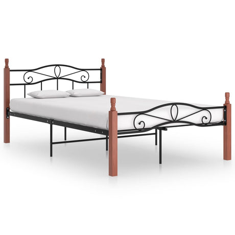Bed Frame Without Mattress Black Metal&Solid Oak Wood