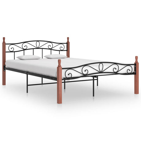 Bed Frame Without Mattress Black Metal&Solid Oak Wood