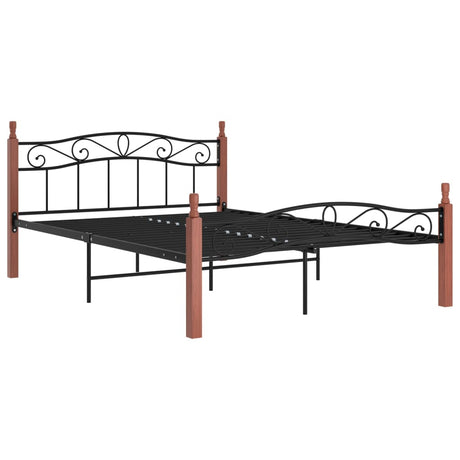 Bed Frame Without Mattress Black Metal&Solid Oak Wood