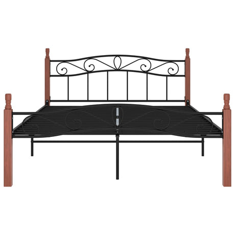 Bed Frame Without Mattress Black Metal&Solid Oak Wood