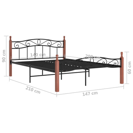 Bed Frame Without Mattress Black Metal&Solid Oak Wood