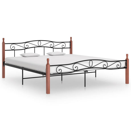 Bed Frame Without Mattress Black Metal&Solid Oak Wood