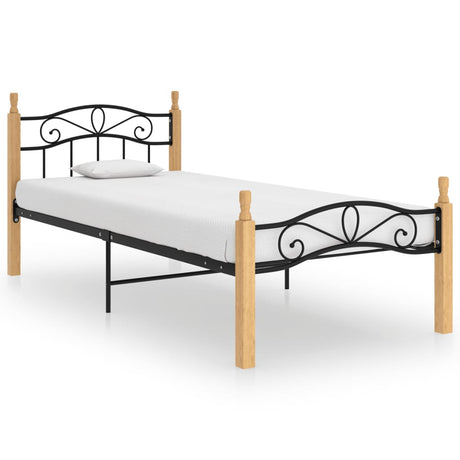 Bed Frame Without Mattress Black Metal&Solid Oak Wood