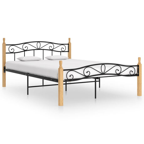 Bed Frame Without Mattress Black Metal&Solid Oak Wood