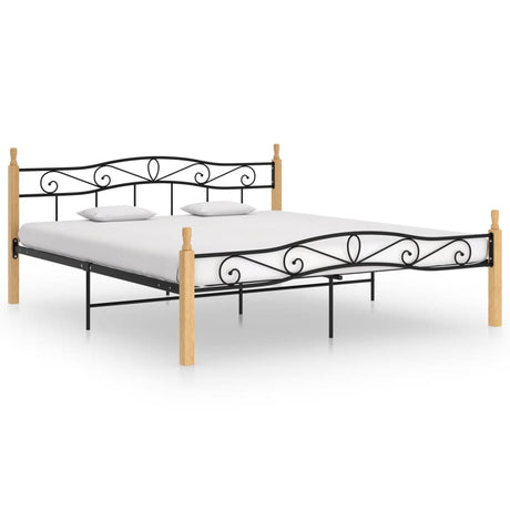 Bed Frame Without Mattress Black Metal&Solid Oak Wood