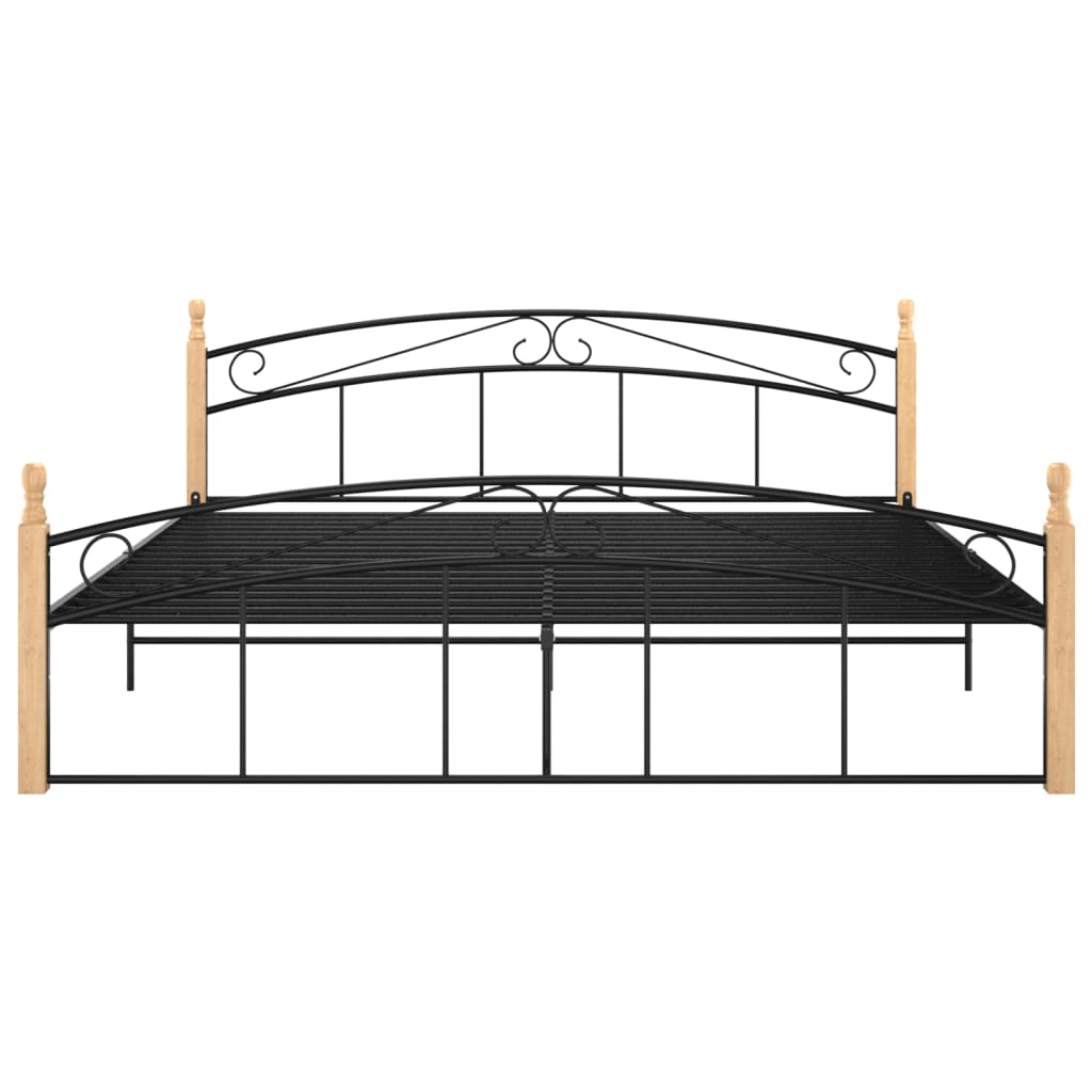 Bed Frame without Mattress Black Metal&Solid Oak Wood 180x200 cm Super King