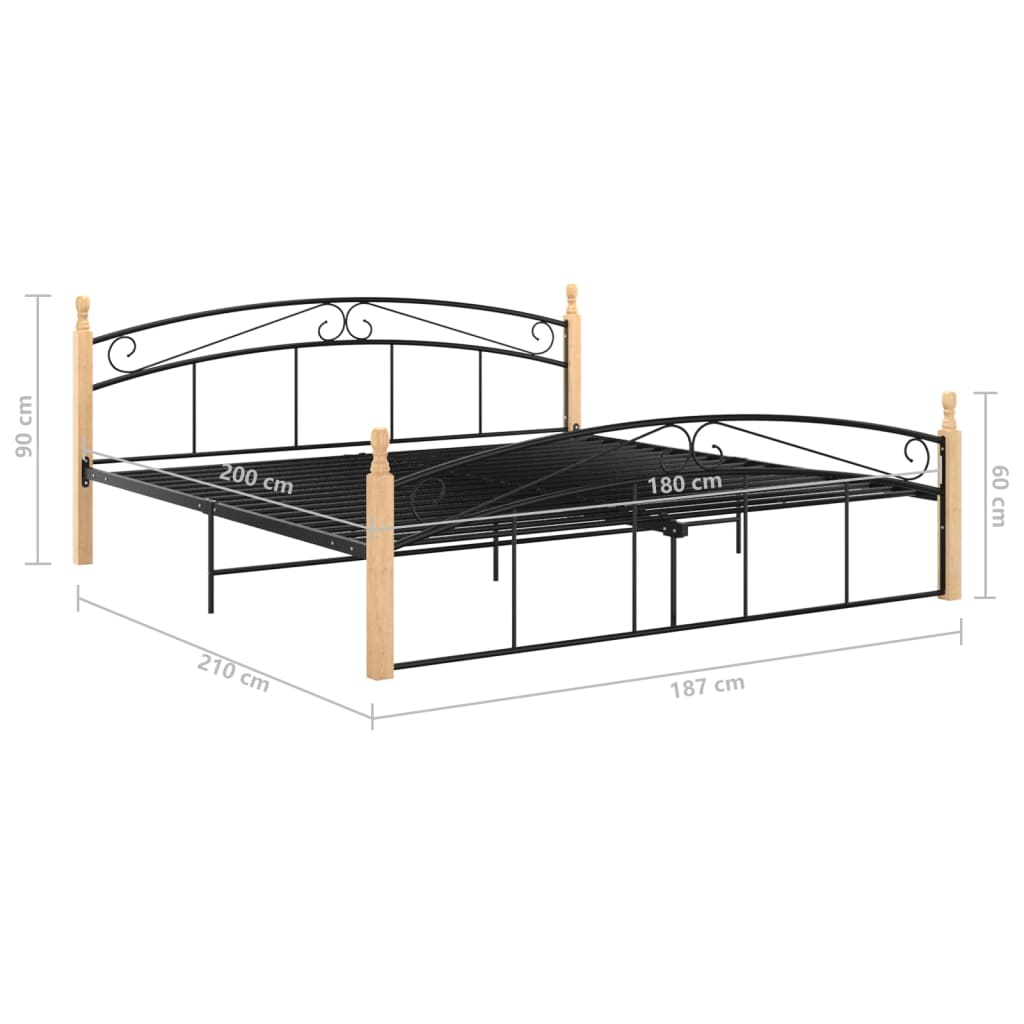 Bed Frame without Mattress Black Metal&Solid Oak Wood 180x200 cm Super King
