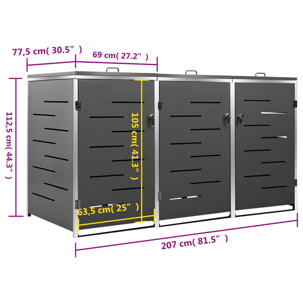 Triple Wheelie Bin Shed 207X77.5X112.5 Cm Stainless Steel