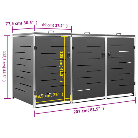 Triple Wheelie Bin Shed 207X77.5X112.5 Cm Stainless Steel