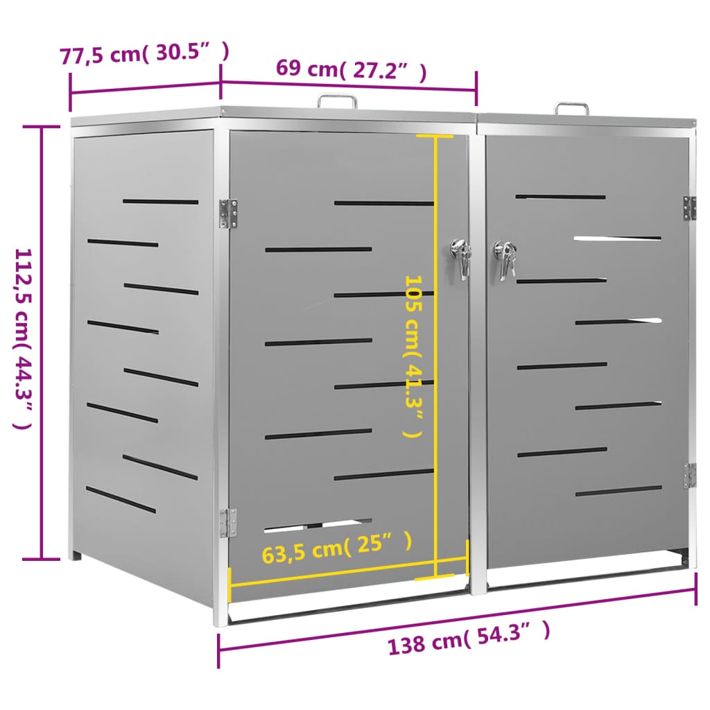 Double Wheelie Bin Shed 138X77.5X112.5 Cm Stainless Steel
