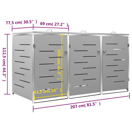 Triple Wheelie Bin Shed 207X77.5X112.5 Cm Stainless Steel