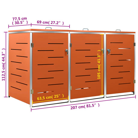 Triple Wheelie Bin Shed 207X77.5X112.5 Cm Stainless Steel