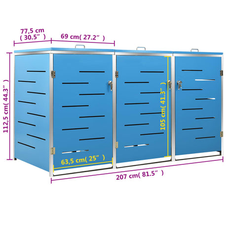 Triple Wheelie Bin Shed 207X77.5X112.5 Cm Stainless Steel