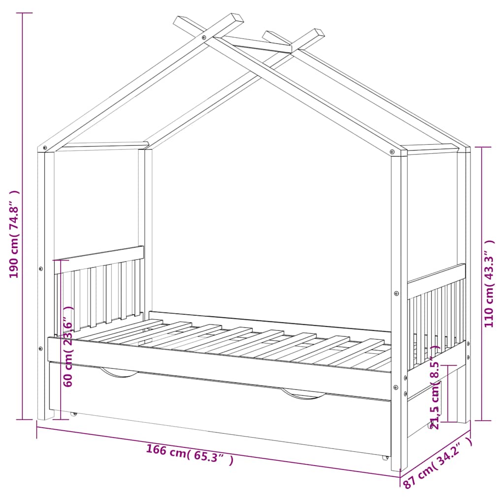 Kids Bed Frame With A Drawer Solid Pine Wood