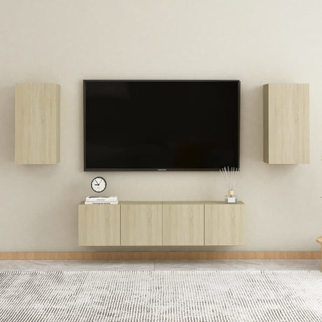 4 Piece Tv Cabinet Set Wall-Mounted Engineered Wood,  Tv Stand 80X30X30 Cm Made Of Engineered Wood,  Wall-Mounted Tv Cabinets - 2 Pcs , 30.5X30X90 Cm, Made From Engineered Wood
