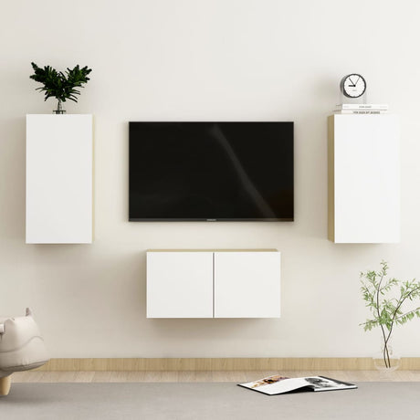 3 Piece Tv Cabinet Set Wall-Mounted Engineered Wood,  Tv Stand 80X30X30 Cm Made Of Engineered Wood,  Wall-Mounted Tv Cabinets - 2 Pcs , 30.5X30X90 Cm, Made From Engineered Wood