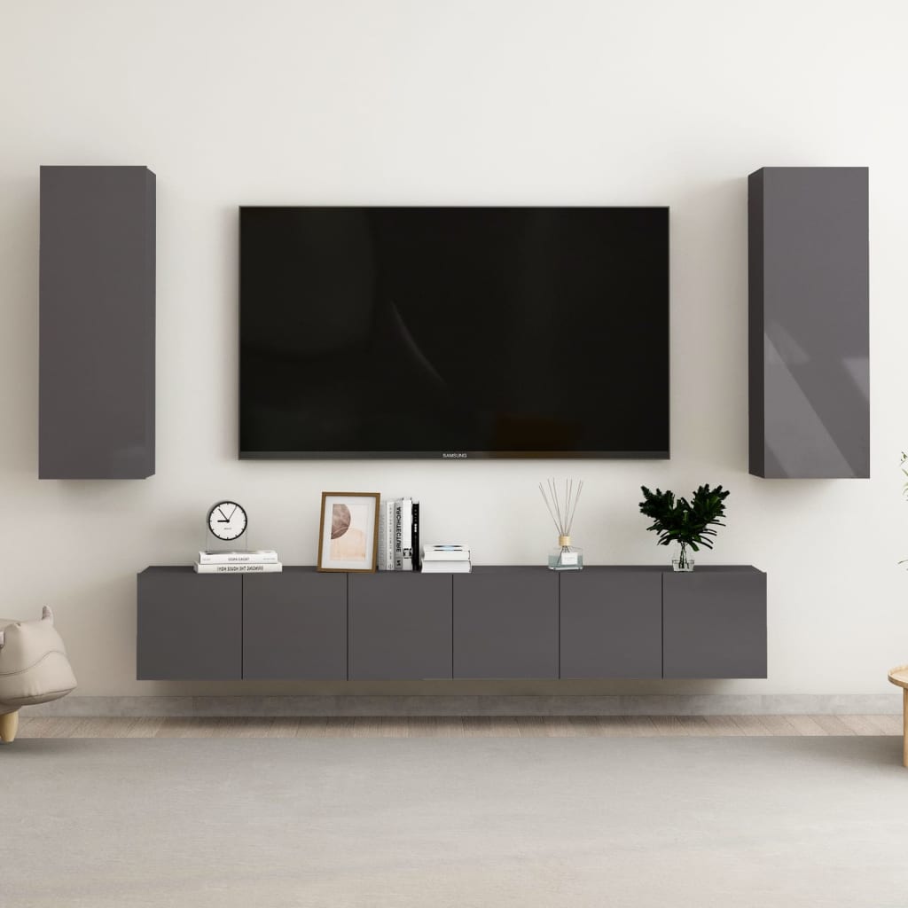 4 Piece Tv Cabinet Set Wall-Mounted Engineered Wood,  Tv Stand 80X30X30 Cm Made Of Engineered Wood,  Wall-Mounted Tv Cabinets - 2 Pcs , 30.5X30X90 Cm, Made From Engineered Wood