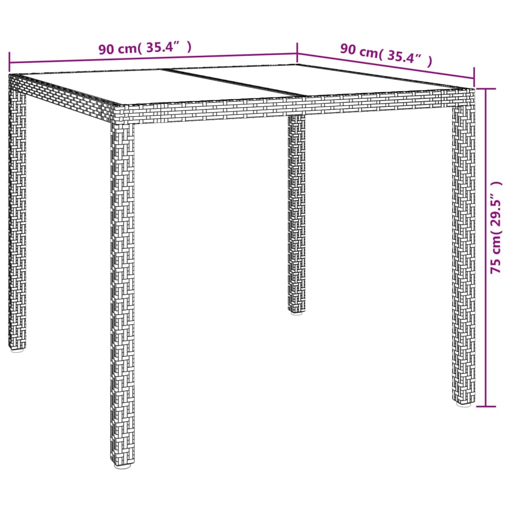Garden Table 90x90x75 cm Tempered Glass and Poly Rattan Grey