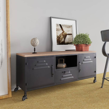 Tv Cabinet Black 110X30X43 Cm Iron And Solid Wood Fir
