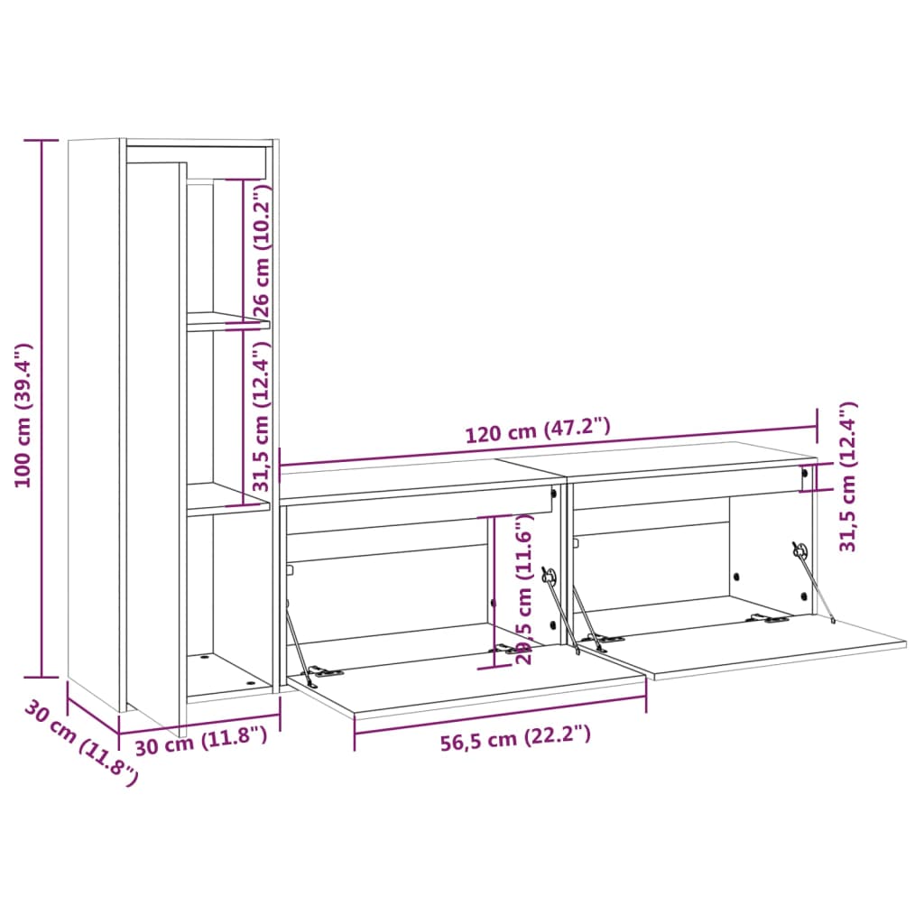 Tv Cabinets 3 Pcs Solid Wood Pine