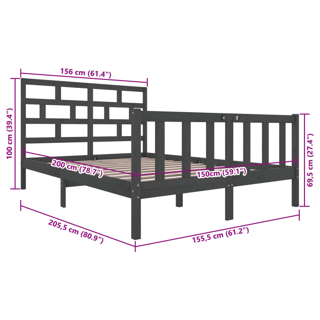 Bed Frame without Mattress Grey Solid Wood Pine King Size