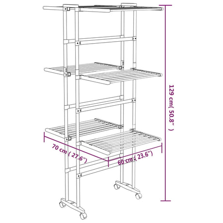 3-Tier Laundry Drying Rack With Wheels Silver