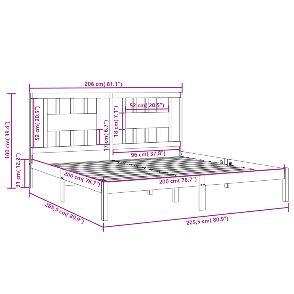 3104086 vidaXL Bed Frame without Mattress Honey Brown Solid Wood 200x200 cm (810040+818693)