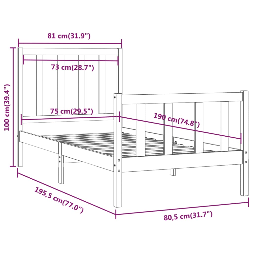 Bed Frame without Mattress Black 75x190 cm Small Single Solid Wood