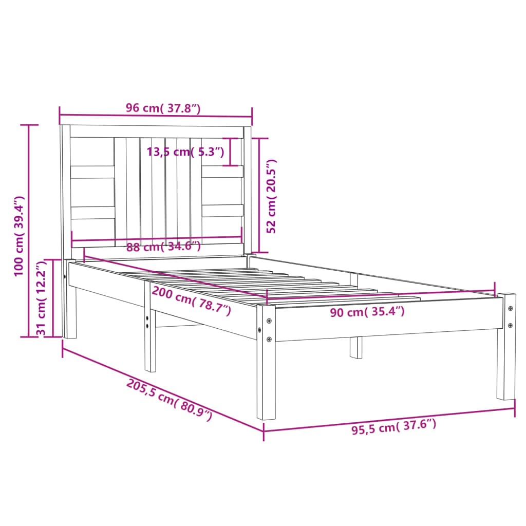 Bed Frame without Mattress 90x200 cm Solid Wood