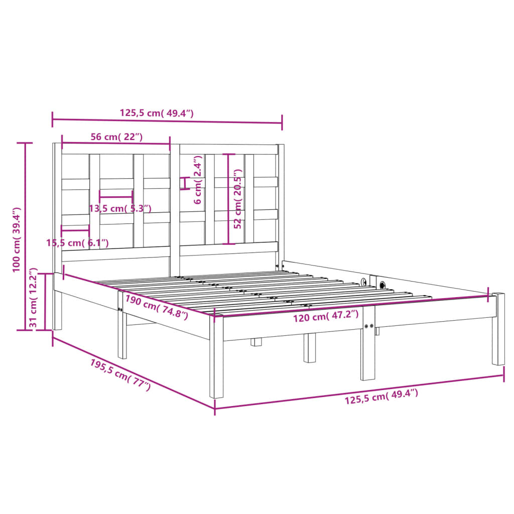 Bed Frame without Mattress White 120x190 cm Small Double Solid Wood