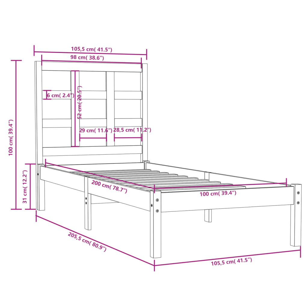 Bed Frame without Mattress Honey Brown 100x200 cm Solid Wood
