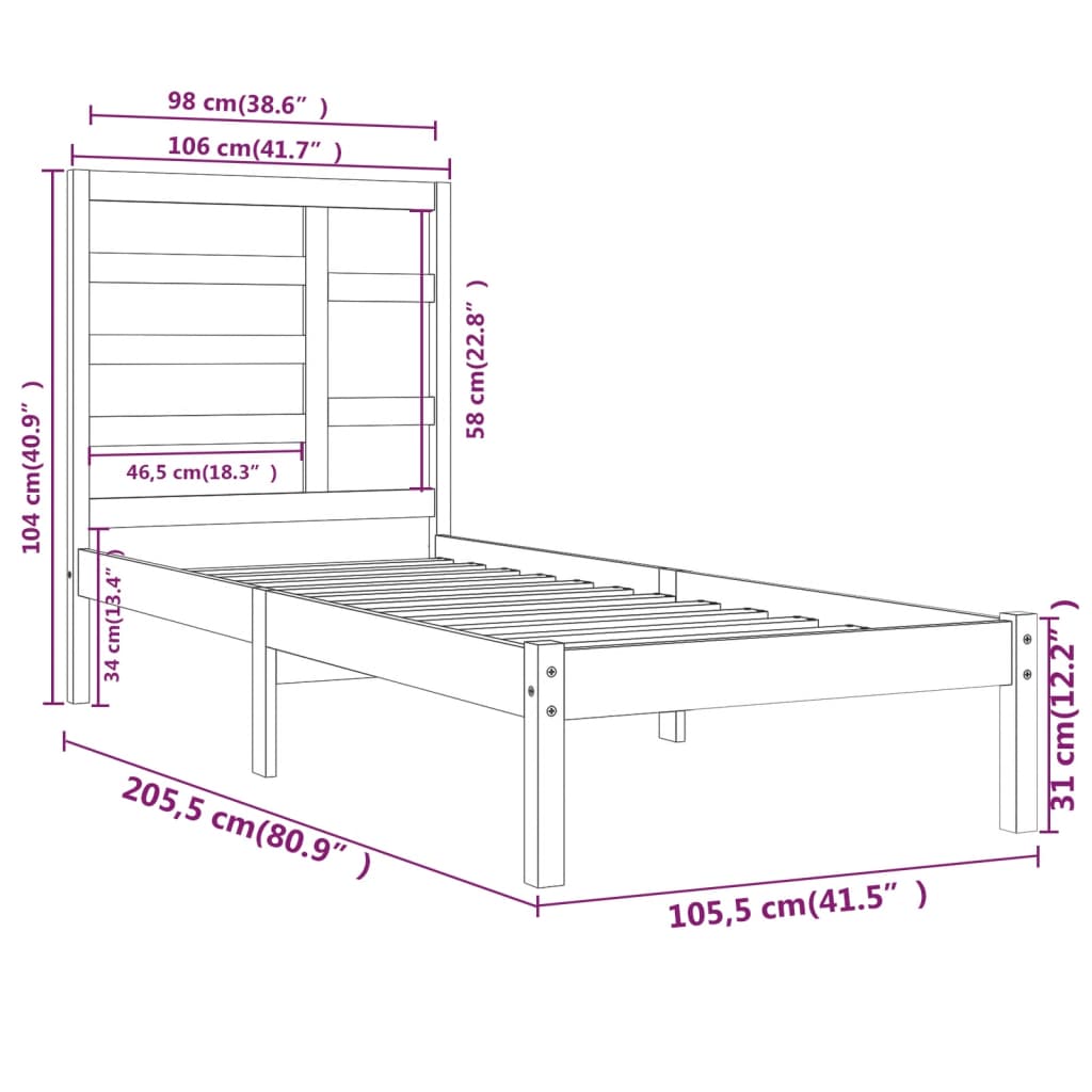 Bed Frame without Mattress Solid Wood 100x200 cm