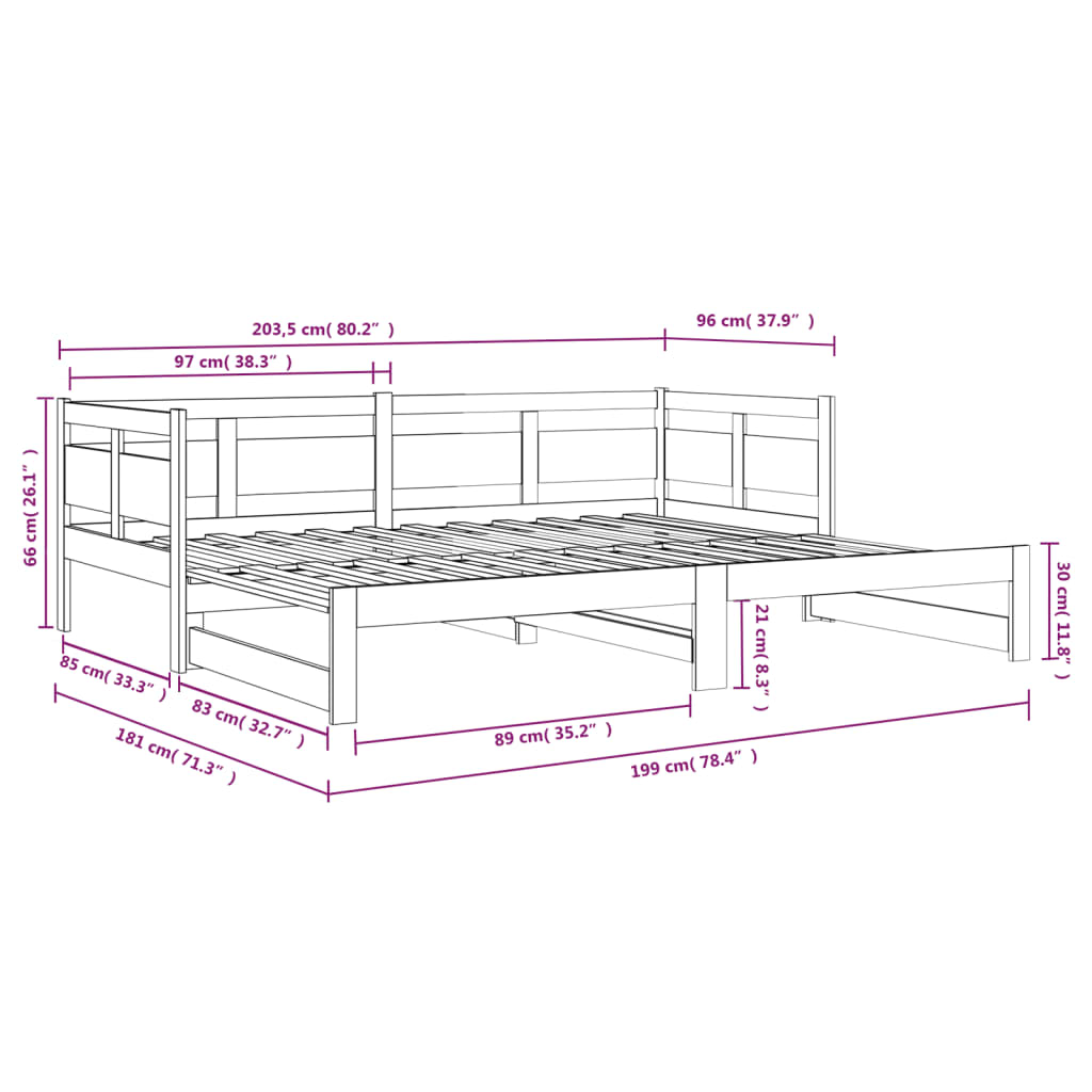 Pull-Out Day Bed Without Mattress Solid Wood Pine 2X(90X200) Cm