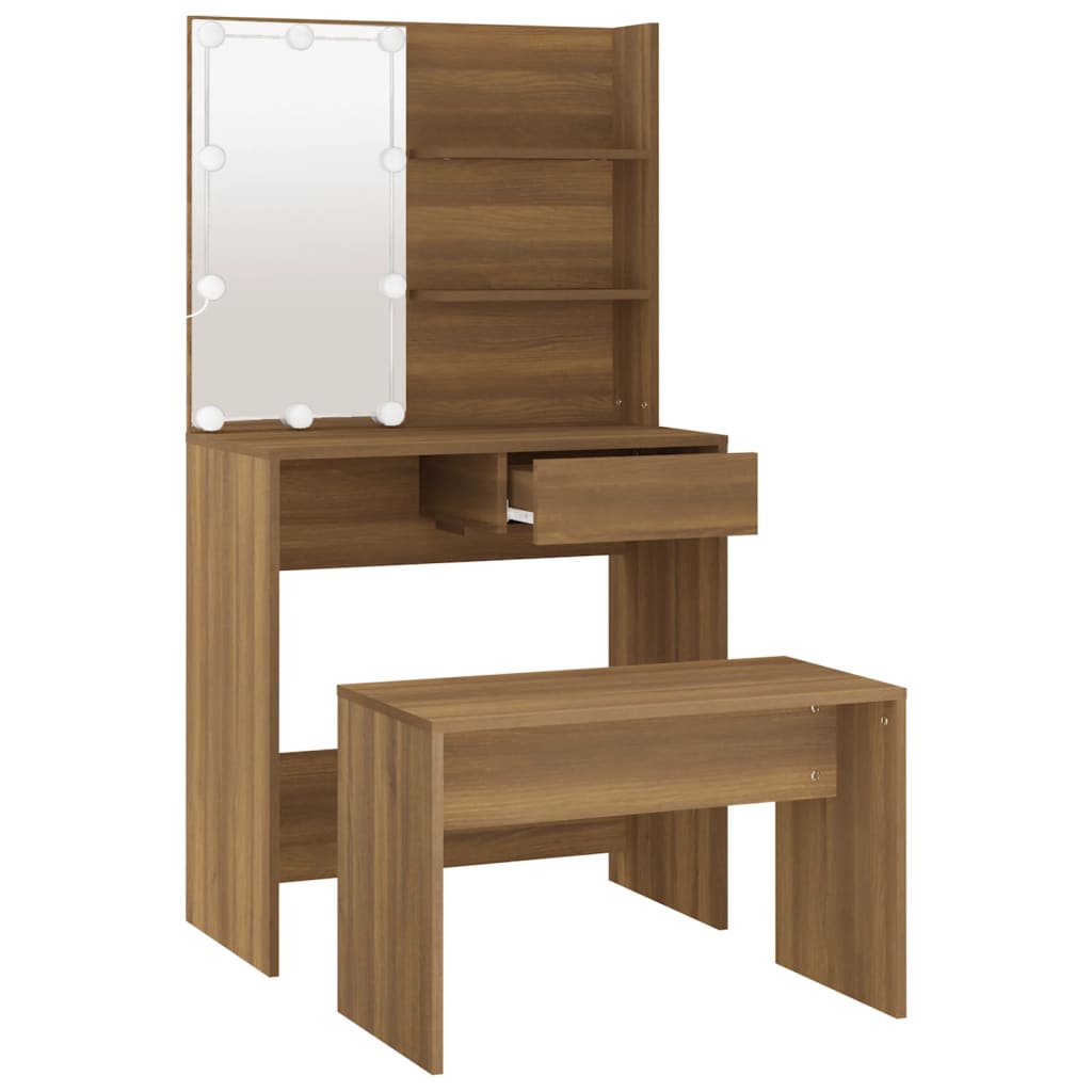 Dressing Table Set with LED Brown Oak Engineered Wood