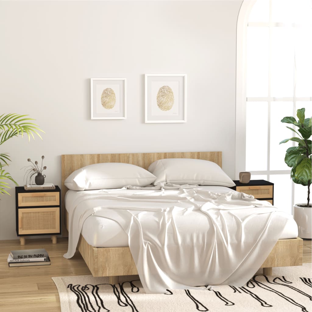 Bedside Cabinets 2 Pcs Solid Wood Pine And Natural Rattan