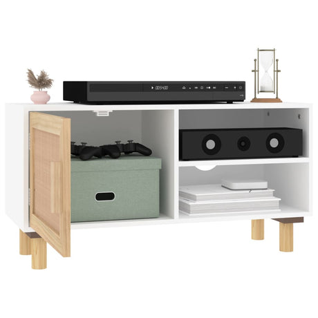 Tv Cabinet 80X30X40 Cm Solid Wood Pine And Natural Rattan