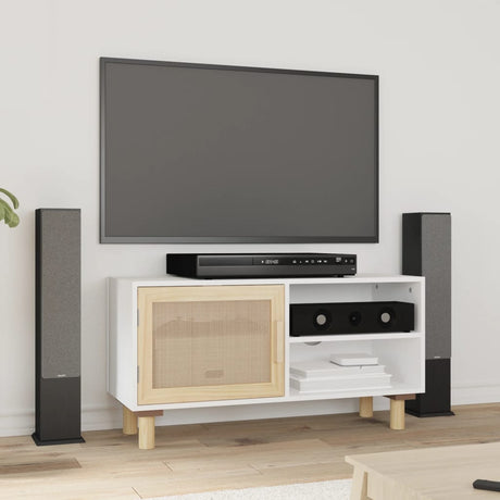 Tv Cabinet 80X30X40 Cm Solid Wood Pine And Natural Rattan