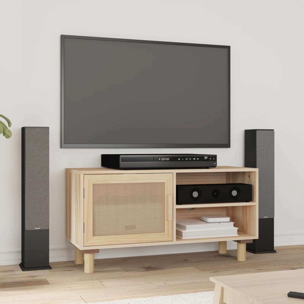 Tv Cabinet 80X30X40 Cm Solid Wood Pine And Natural Rattan