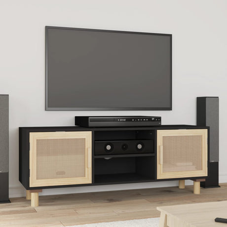Tv Cabinet 105X30X40 Cm Solid Wood Pine&Natural Rattan
